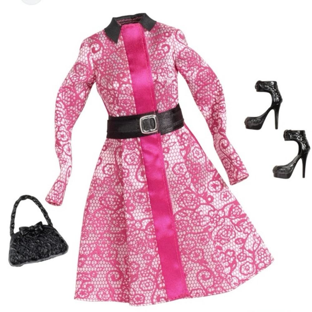 NWT Genuine Barbie Pink & Black Coat Dress w/ Lace Look, Silver Buckle Fashion